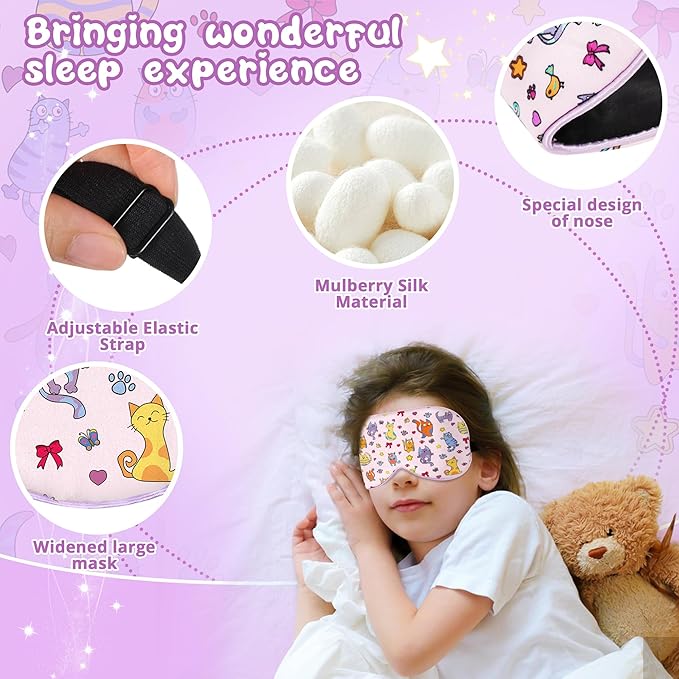 Kids Sleep Mask Eye Cover: 100% Real Natural Pure Silk Eye Mask with Adjustable Strap, Funny Blindfold Kids Eye Mask for Sleeping, Soft & Lightweight Eye Shade for Boys Girls Teens (Cats Style) - Bloomnest