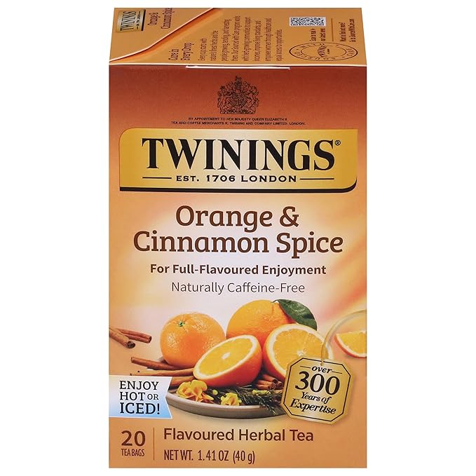 Twinings Orange & Cinnamon Spice Herbal Tea Individually Wrapped Bags, 20 Count (Pack of 1), Naturally Caffeine-Free, Enjoy Hot or Iced, 20 Teabags - Bloomnest