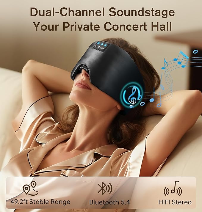 LC-dolida Luxurious Silk Soft Sleep Mask, Sleep Headphones with Bluetooth 5.4 for Side Sleeper, Total Blackout Eye Sleeping Mask for Women and Men, Ideal Gift for Restful Sleep, Travel(Black) - Bloomnest
