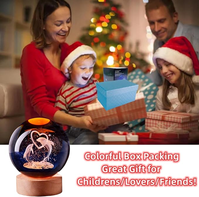3D Large Dolphin Crystal Ball Night Light with Wooden Base, Dolphins Crystal Lamp Gift for Kids Friends, 16 Color Change with Remote Control, Laser Engraved Underwater World Glass Ball Lamp (Dolphin) - Bloomnest