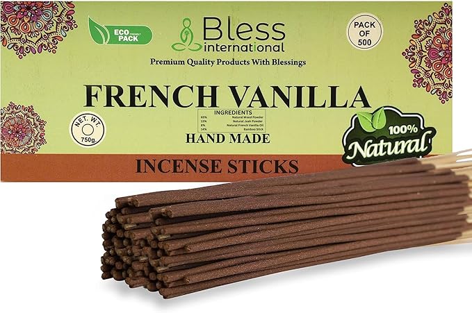 Bless-French-Vanilla 100%-Natural-Handmade-Hand-Dipped-Incense-Sticks Organic-Chemicals-Charcoal-Free Purification-Relaxation-Positivity-Yoga-Meditation Best-Woods-Scent (500 Sticks(26 OZ)) BlessInternational