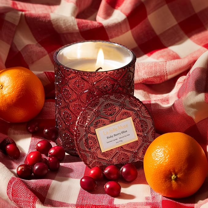LA JOLIE MUSE Ruby Berry Bliss Scented Candle – Mandarin, Cranberry & Plum | 6 oz Festive Fall Candle | 40 Hours Clean Burn|Vibrant Scent| Gift for Hosts|Fall Tablescapes - Bloomnest