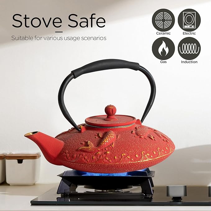 Cast Iron Teapot Set with 2 Tea Cups, 7Pcs Japanese Tea Kettle with Stainless Steel Infuser, Tea Pot Coated with Enameled Interior, Fish Pattern, 27oz 780ml Red - Bloomnest