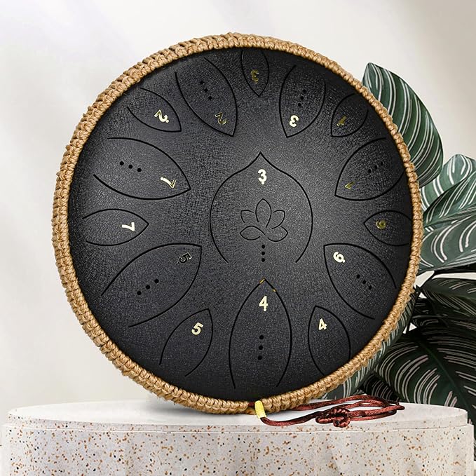 Steel Tongue Drum 13 Inches 15 Notes, Hand Pan Drums for Adults 440hz, C Major Handpan Musical Instrument with Song Book, Mallets and Carry Bag, Black - Bloomnest