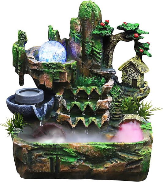 Waterfountain Indoors Tabletop Fountain Indoor Small Rockery Desktop Mountain Waterfall with Fog & LED for Home Office Atomizing Humidifier Small Waterfall Style 2 - Bloomnest