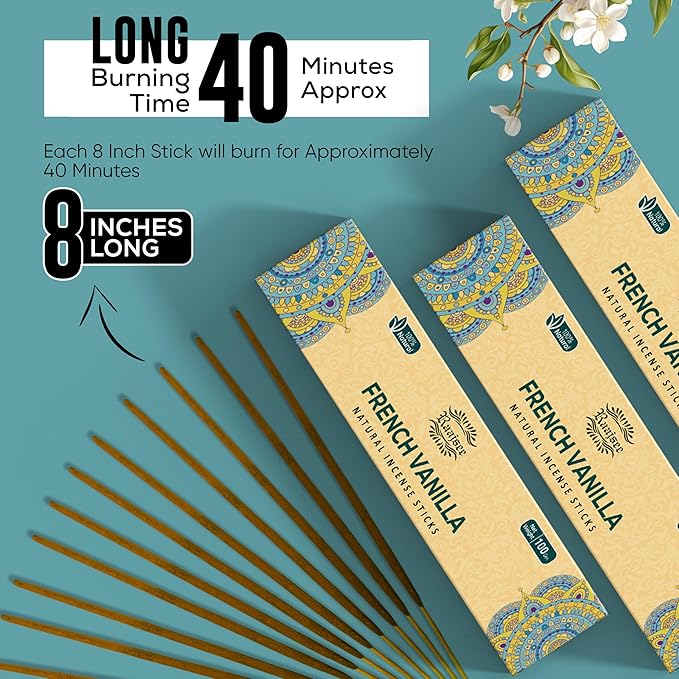 Raajsee French Vanilla Incense Sticks (180 gm), 100% Pure Organic Natural Hand Rolled Free from Chemicals - Perfect for Aromatherapy, Cleansing, Meditation, and Church (Pack of 12) - Bloomnest