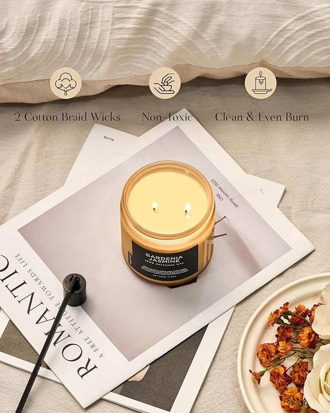 M&SENSE Gardenia Jasmine Scented Candle - 11.6oz Natural Soy Wax Clean Non Toxic 70-Hour Burn, 2-Wick Aromatherapy Candle for Bath & Office - Highly Scented Housewarming Gift for Mom Teacher Friends - Bloomnest