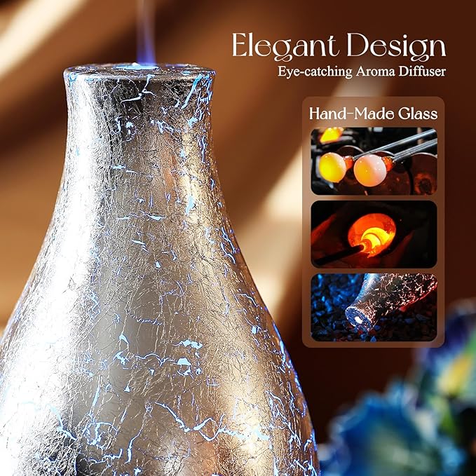 Porseme 100ml Silver-Plated Volcano Essential Oil Diffuser 3D Glass - Elegant and Effective Aromatherapy with 7 Color Changing LEDs and Waterless Auto-Off BPA Free for Home Yoga Leisure SPA Gift Porseme