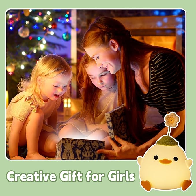 Attivolife Cute Duck Night Light, Animal Soft Silicone LED Lamp with Dimmable and Timer, Portable USB Rechargeable Bedroom Bedside Table Decor, Birthday Christmas Gifts for Girl Boy (Flower Hat) - Bloomnest