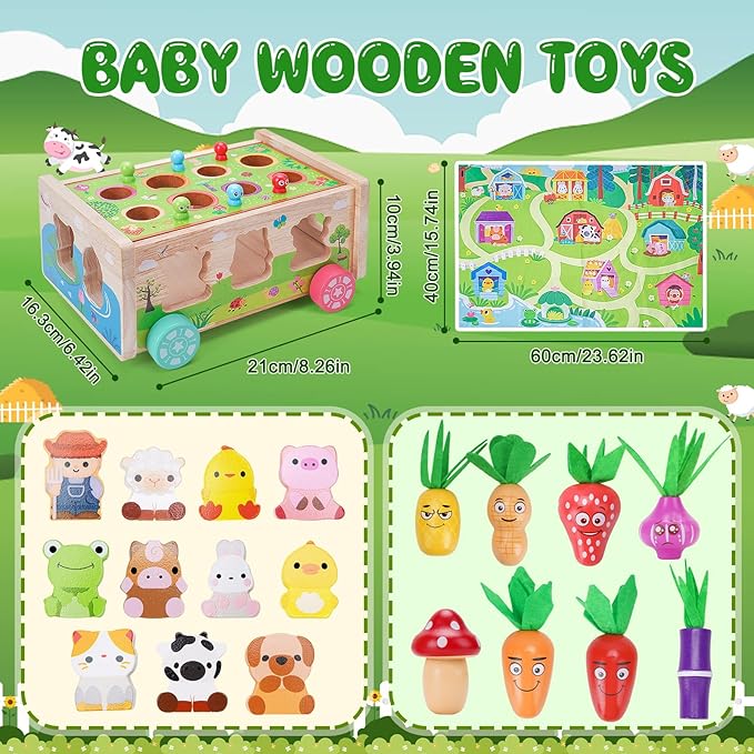 Toddler Montessori Wooden Farm Toys | Babies 12-18 Months Toy with Game Map for 1 2 3 Year Old Boys Girls | 1st First Birthday Gifts for 1-2 Years | Wood Learning Educational Toys Fine Motor Skills - Bloomnest