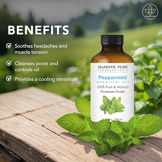 Majestic Pure Peppermint Essential Oil with Glass Dropper - 3.4 Fl Oz - 100% Pure and Natural Peppermint Oil - Premium Grade Essential Oils for Diffuser, Aromatherapy, Soap and Candle Making - Bloomnest