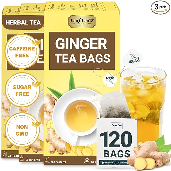 LeafLea 120 Ginger Tea Bags, 100% Pure Ginger Root Herbal Tea, Spicy & Warming Flavor, Supports Digestion & Immune Health, Individually Wrapped, Caffeine-Free, Sugar-Free, Gluten-Free, Non-GMO, Vegan - Bloomnest