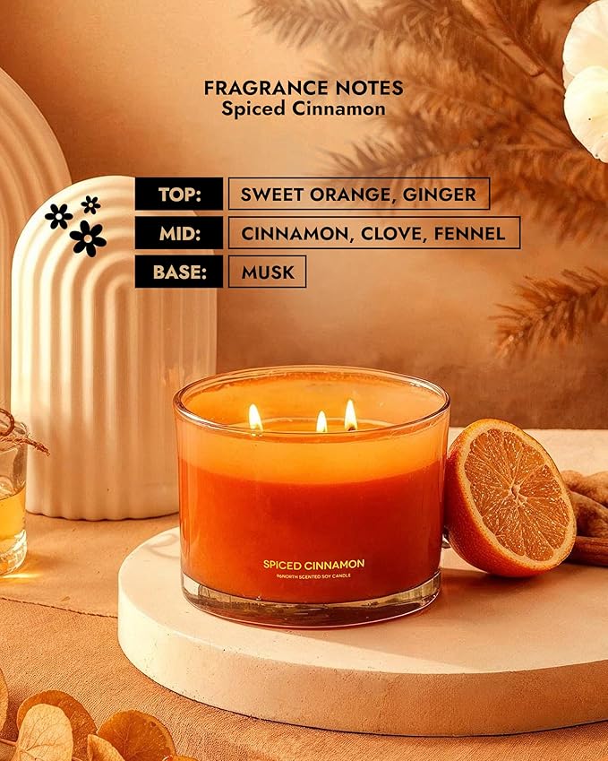 96NORTH Luxury Spiced Cinnamon Candle | Large 3 Wick Jar Candle | Up to 50 Hours Burning Time | 100% Natural Soy Wax | Relaxing Aromatherapy Aesthetic Candles | Housewarming Gift for Men and Women - Bloomnest