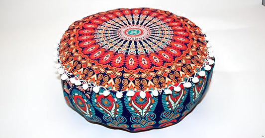 INDIAN CRAFT CASTLE ICC Mandala Barmeri Large Floor Pillow Cover Cushion Meditation Seating Ottoman Throw Cover Hippie Decorative Zipped Bohemian Pouf Ottoman Cases Orange Peacock 24" Round - Bloomnest