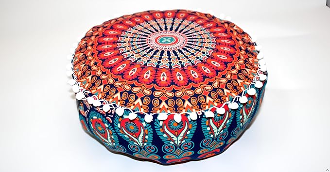 INDIAN CRAFT CASTLE ICC Mandala Barmeri Large Floor Pillow Cover Cushion Meditation Seating Ottoman Throw Cover Hippie Decorative Zipped Bohemian Pouf Ottoman Cases Orange Peacock 18" Round - Bloomnest