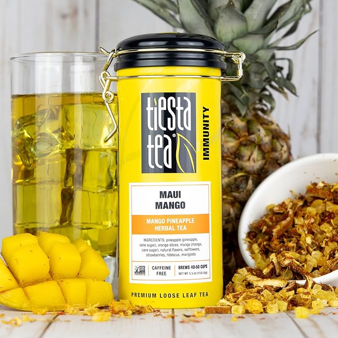 Tiesta Tea Maui Mango, Loose Leaf, Mango Pineapple Herbal Tea, Premium Non-Caffeinated Fruit Blend, Makes Hot or Iced & Brews Up to 50 Cups, 5.5 Ounce Refillable Tin - Bloomnest