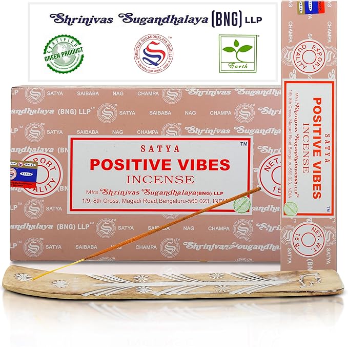 Satya Positive Vibes Incense Sticks, Satya Bng (Bangalore) Insenses 15gmx12 Pack with Raajsee Incense Holder Bundle, Satya Nagchampa Natural Incense - Bloomnest