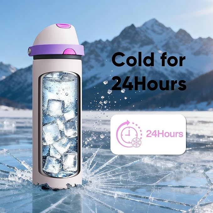 Insulated Water Bottle with Straw - Encool Stainless Steel Water Bottle with Push Button Lid, Leak-Proof & BPA-Free, Keeps Cold for 24 Hours for Sports, Travel, Gym (24 oz, Oyster Pink) ENCOOL