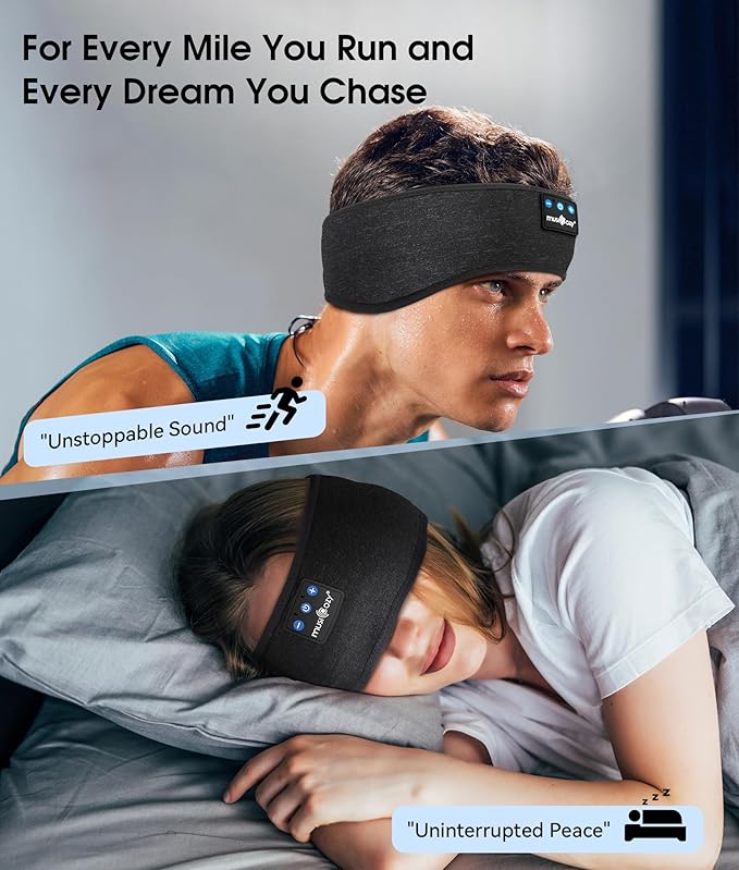 MUSICOZY Sleep Headphones Bluetooth 5.4 Headband, Wireless Earphones Music Sleep Earbuds Sleeping Eye Mask with HD Stereo Speakers for Workout Running Travel Yoga, Ideal Gifts (Double-Sided Black) - Bloomnest