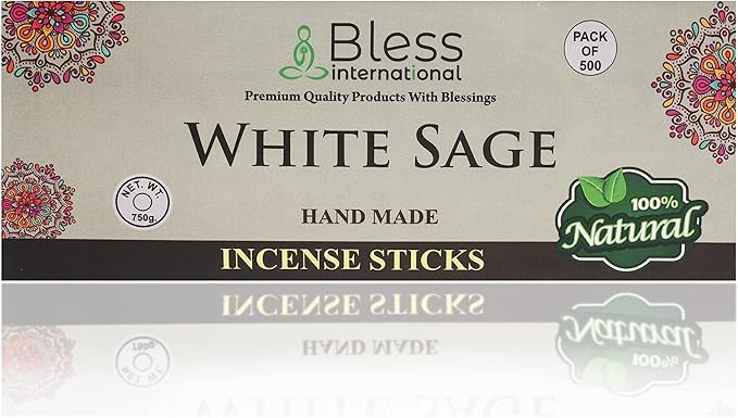 Bless-White-Sage 100%-Natural-Handmade-Hand-Dipped-Incense-Sticks Organic-Chemicals-Charcoal-Free Purification-Relaxation-Positivity-Yoga-Meditation Best-Woods-Scent (500 Sticks (26 OZ)) BlessInternational