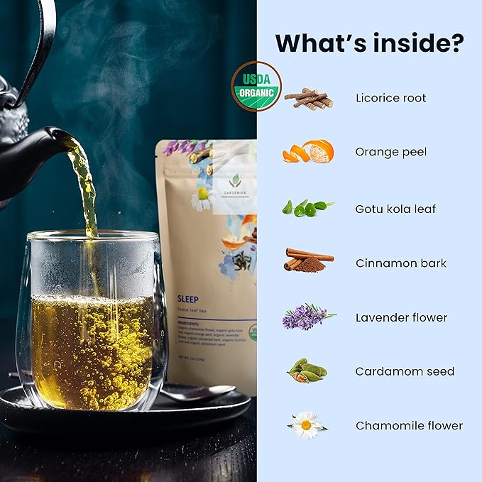 Gardenika Organic Sleep Loose Leaf Tea with Chamomile and Lavender Flowers, Herbal, Caffeine Free, KSA Kosher, Ayurvedic Blend - 4 oz (1 Pack) - Bloomnest