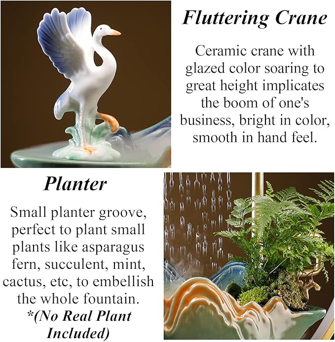 Crane Tabletop Water Fountains Indoor Waterfall with LED Light Desktop Fountain for Meditation with Mist Japanese Fountain with Fake Plants Feng Shui Office Home Decor for Good Luck Wealth - Bloomnest