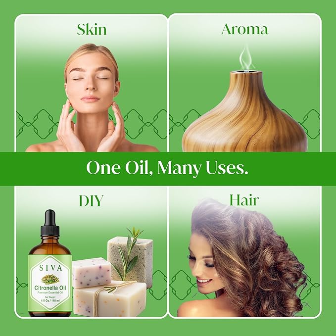 Siva Citronella Essential Oil - 4 Fl Oz – 100% Natural Citronella Oil - for Diffuser, Face, Skin Care, Aromatherapy, Hair Care, Scalp and Body Massage - with Dropper - Bloomnest