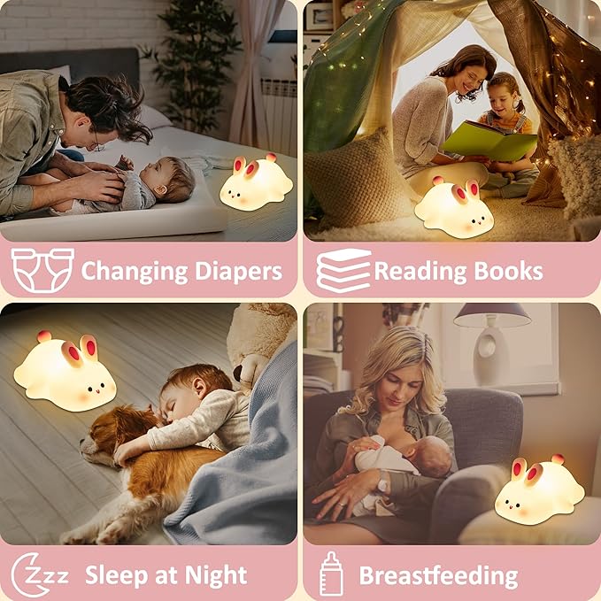 Attivolife Cute Bunny Nursery Light, Easter Rabbit Squishy Silicone Touch Night Lamp Rechargeable, Kawaii Animal Toddler Room Decor Table Lamp, Child Girl Women Birthday Gift - Bloomnest
