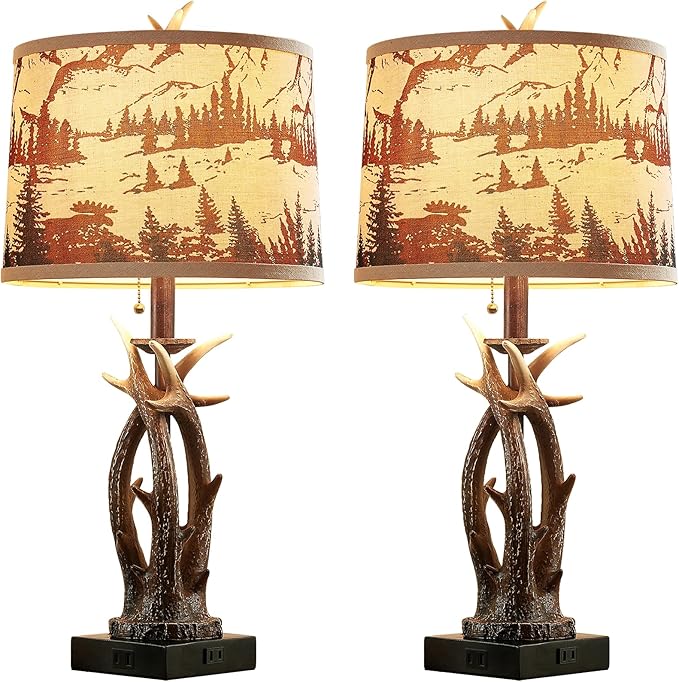 Rustic Farmhouse Antler Table Lamp Set of 2 with USB A+C Ports & AC Outlet Linen Fabric Deer Print Round Shade 27" Bedside Lamp for Living Room Bedroom Cabin Lodge Décor, Pull Chain Deer Antler Lamp - Bloomnest