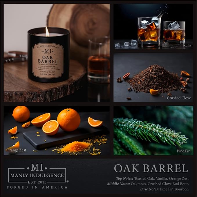 Manly Indulgence Oak Barrel Scented Candles for Men, 16.5 oz Single Wick, Premium Soy Blend Wax, 60H Burn, Candles for Home Scented – Made in The USA - Bloomnest