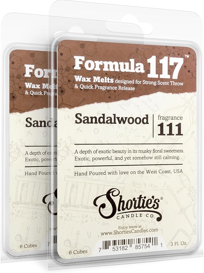 Shortie's Candle Company Pure Sandalwood Wax Melts Multi Pack - Formula 117-2 Highly Scented 3 Oz. Bars (6 Oz. Total) - Made with Natural Oils - Incense & Earth Air Freshener Cubes Collection ShortiesCandleCompany