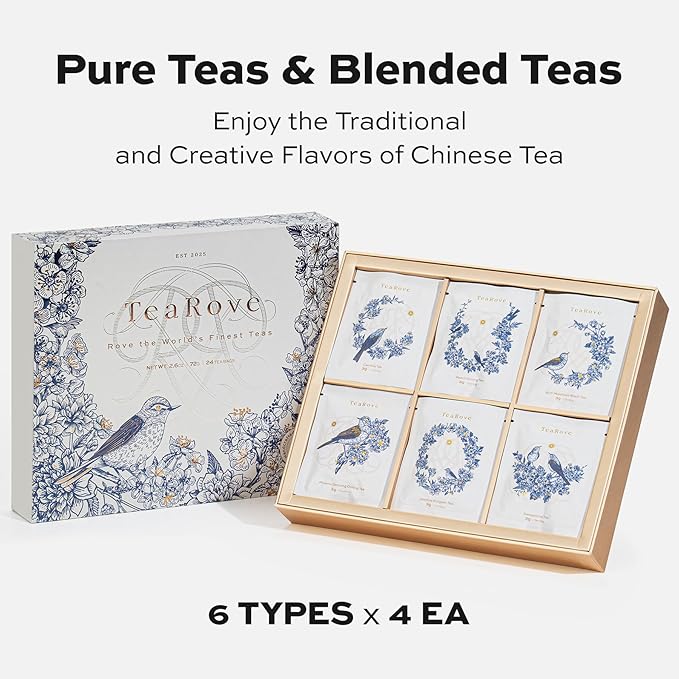 TeaRove Premium Tea Sampler Gift Set with Gold-Foil Presentation Box, 24 Assorted Variety Pyramid Infuser Bags, 6 Flavors Handcrafted Black, Oolong, Jasmine Green, Herbal Tea Sampler Gift for Tea Lover - Bloomnest
