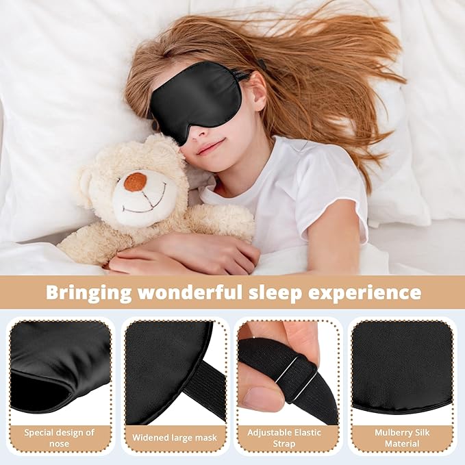 Kids Sleep Mask Eye Cover, 100% Real Natural Pure Silk Eye Mask with Adjustable Strap, Blindfold Kids Eye Mask for Sleeping, Eye Shade for Boys Girls and Adult, Pressure-Free Comfort (Black) - Bloomnest