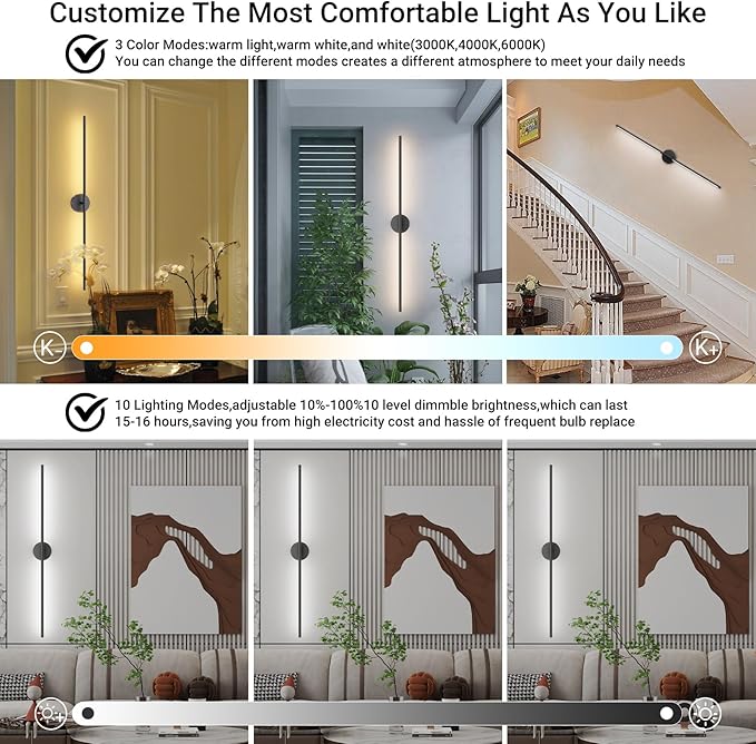 Tipace Battery Operated Wall Sconces Set of 2,Dimmable Battery Wall Sconce with Remote Control,Black LED Rechargeable Sconces,39.4 Inch Modern Wall Lights for Bedroom,Living Room - Bloomnest
