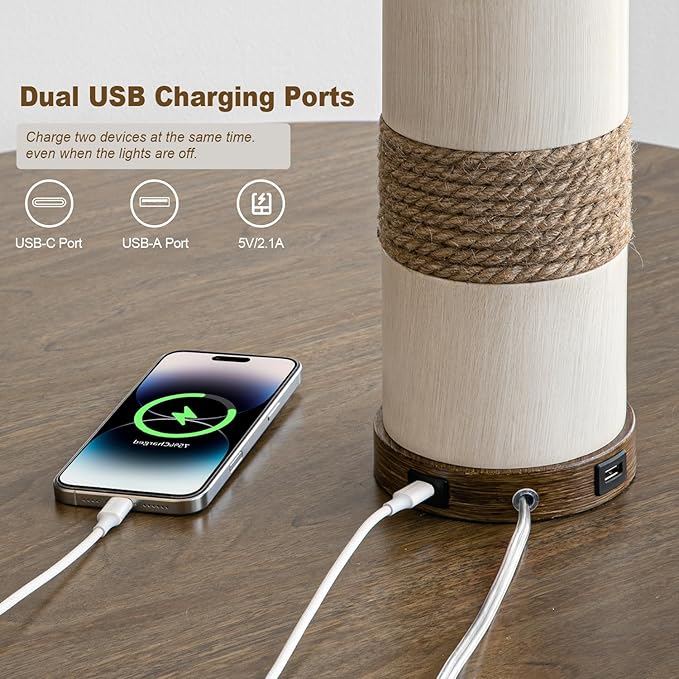 BOBOMOMO 24.5" Farmhouse Boho Table Lamps Set of 2, Hand-Woven Rattan Bedside Lamps with 3-Way Dimmable Touch Control & USB A+C Ports, Nightstand Lamp for Bedroom, Living Room, Corner (Bulbs Included) - Bloomnest