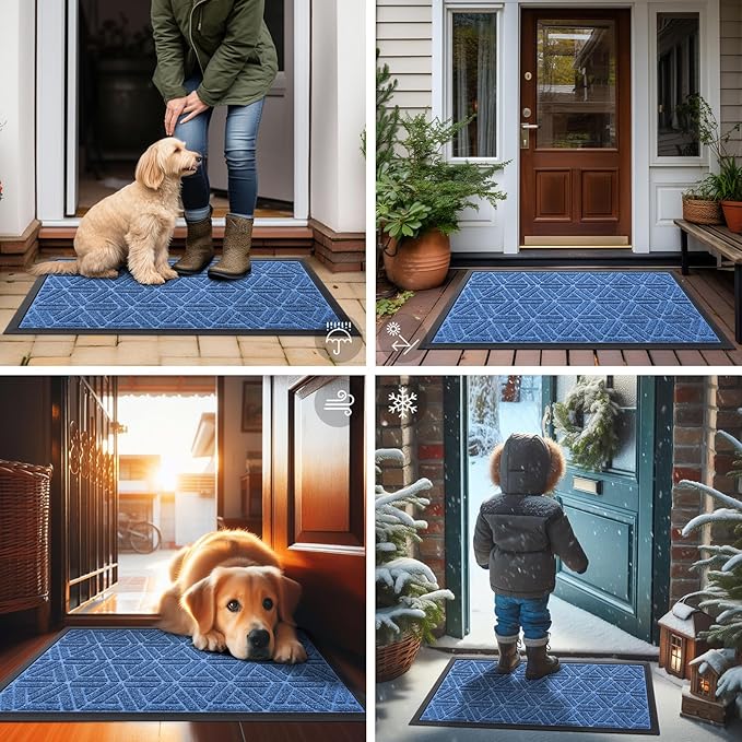 Smiry Front Door Mat Outside Entrance, Heavy Duty Sturdy Natural Rubber Doormat, Trap Dirt and Moisture, Easy Clean Low Profile Mats for Indoor Outdoor Entry, Grid Geometric (29.5x17, Blue) - Bloomnest