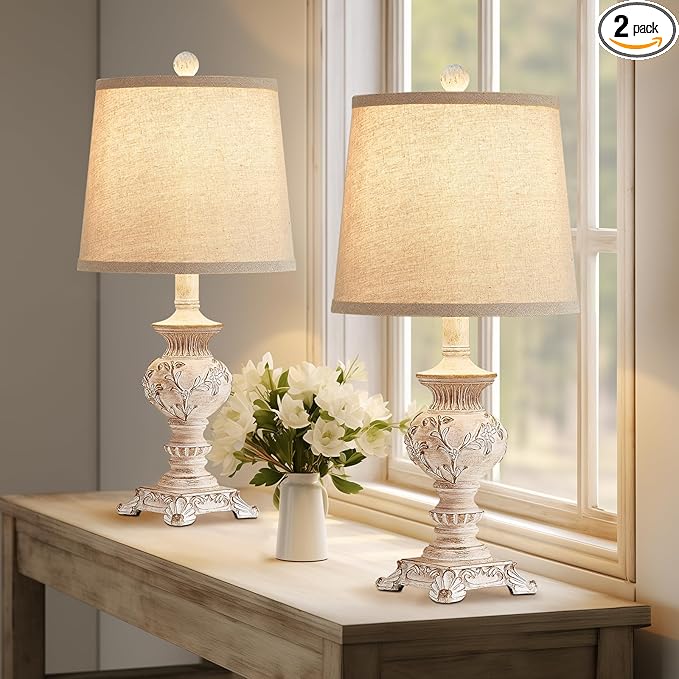 21'' Small Table Lamps for Bedroom Bedside Lamps Set of 2 Farmhouse Nightstand Lamps with Carved Floral Vintage Side Table Lamps for Living Room Kids Office, White, Bulb Not Include - Bloomnest