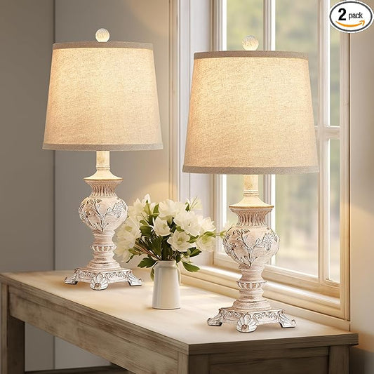 21'' Small Table Lamps for Bedroom Bedside Lamps Set of 2 Farmhouse Nightstand Lamps with Carved Floral Vintage Side Table Lamps for Living Room Kids Office, White, Bulb Not Include - Bloomnest