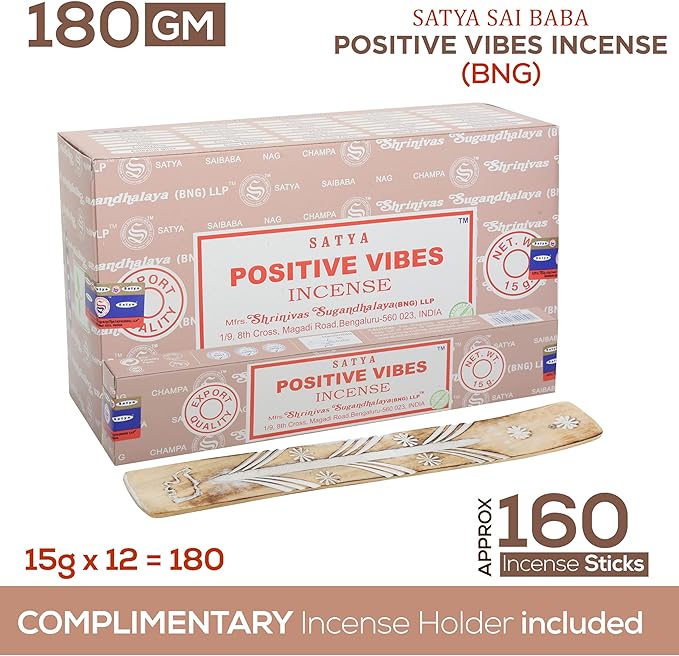 Satya Positive Vibes Incense Sticks, Satya Bng (Bangalore) Insenses 15gmx12 Pack with Raajsee Incense Holder Bundle, Satya Nagchampa Natural Incense - Bloomnest