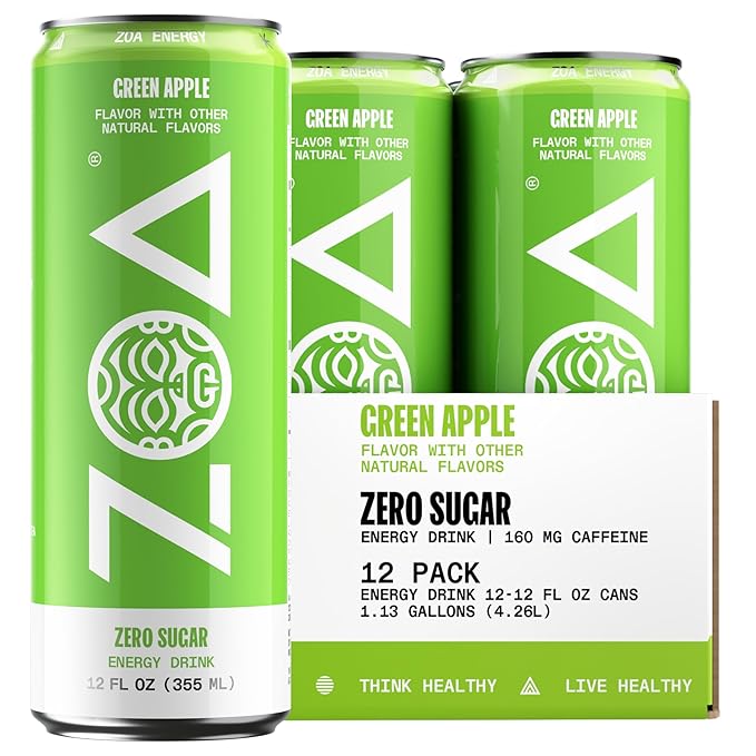 ZOA Zero Sugar Energy Drinks, Green Apple - Sugar Free with Electrolytes, Healthy Vitamin C, Amino Acids, Essential B-Vitamins, and Caffeine from Green Tea - 12 Fl Oz (12-Pack) - Bloomnest