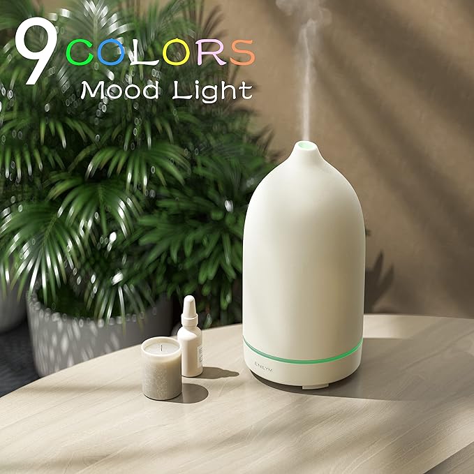 Essential Oil Diffusers,Handmade Ceramic Aromatherapy Diffuser for Room and 9 Colors Night Light for Home,Auto-Off (White) - Bloomnest