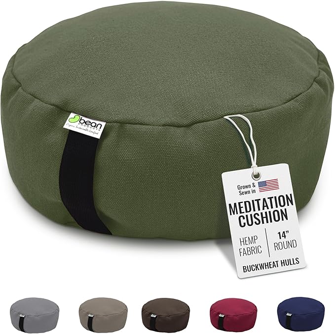 Bean Products Hemp Zafu Meditation Cushion for Sitting on Floor, Hemp Yoga Pillow, Zafu Meditation Pillow, Zen Seiza Kneeling Prayer Pad Support - Made in USA - Round Cactus