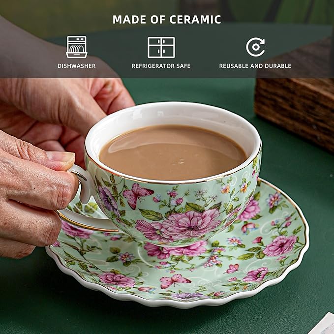 Tea Cup and Saucers, 6.4oz Floral Tea Cups with Gold Trim, Porcelain Teacup, Coffee Cappuccino Espresso Latte Mugs for Party Birthday,Party Cafe Home, Christmas Gift (Green) - Bloomnest
