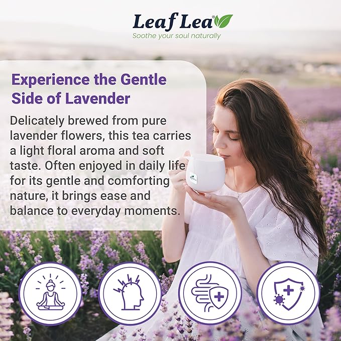 LeafLea 80 Premium Lavender Tea Bags, 100% Natural & Pure from Lavender Flowers, Nighttime Comfort & Digestive Support, Floral Aroma and Smooth Taste, Caffeine-Free, Sugar-Free, Individually Wrapped - Bloomnest