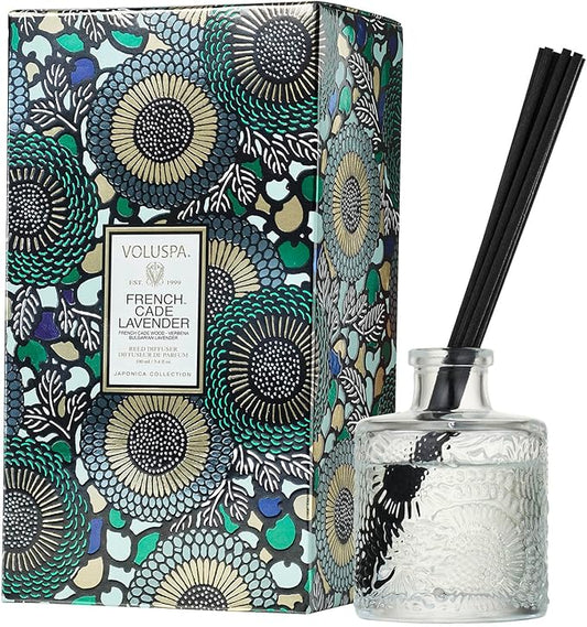 Voluspa French Cade Lavender Scented Reed Diffuser, 3.4 oz, Luxury Woody Lavender Diffuser, Oil Reed Diffusers for Home, Handcrafted in the USA