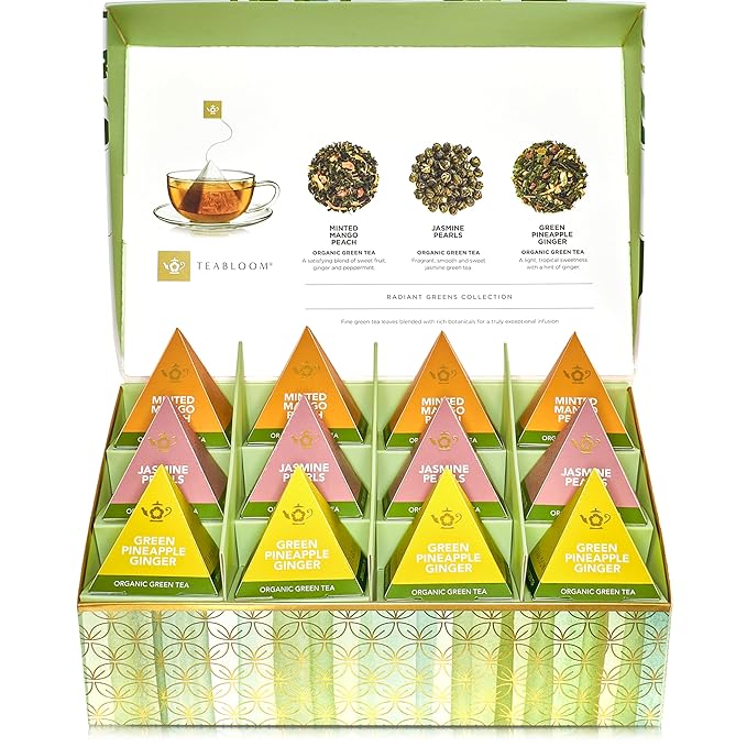 Teabloom Radiant Greens – Organic Green Tea Sampler with 12 Plant-Based Pyramid Sachets, Jasmine Pearls, Minted Mango Peach & Pineapple Ginger, Gift-Ready Presentation Box for Tea Lovers - Bloomnest