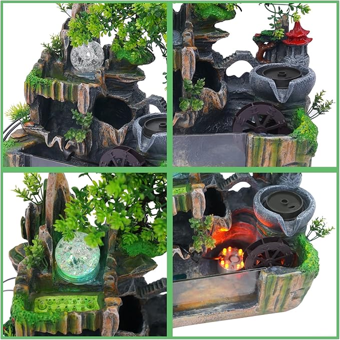 Tabletop Fountains Indoor Waterfall Fountain Indoor Water Fountains and Waterfalls with Light, Desk Fountain with Plant & Mist, Tabletop Fountains for Home Office Bedroom