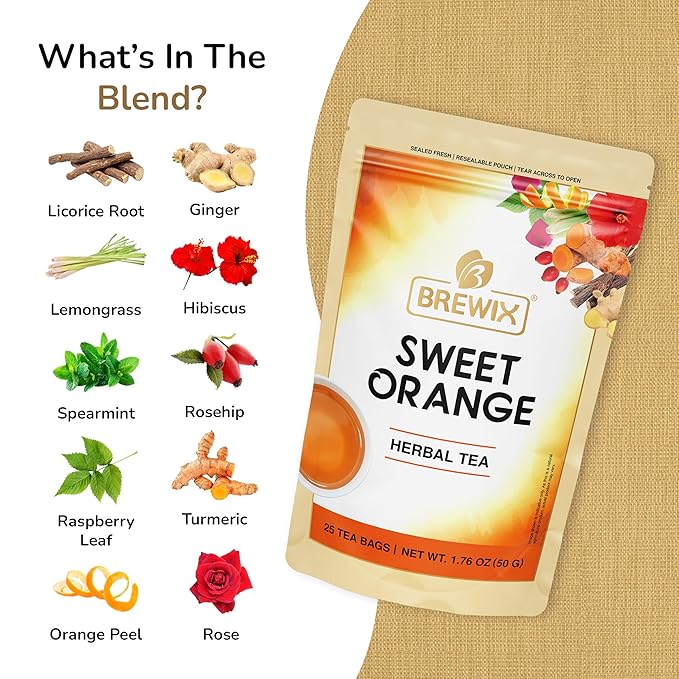 BREWIX, Sweet Orange Hibiscus Tea Bags (25 Pyramid Tea Bags) Caffeine-Free Herbal Tea | Ginger, Hibiscus, Spearmint, Rosehip, Turmeric | Supports Daily Balance & Calm | For Health & Wellbeing | Iced and Hot - Bloomnest