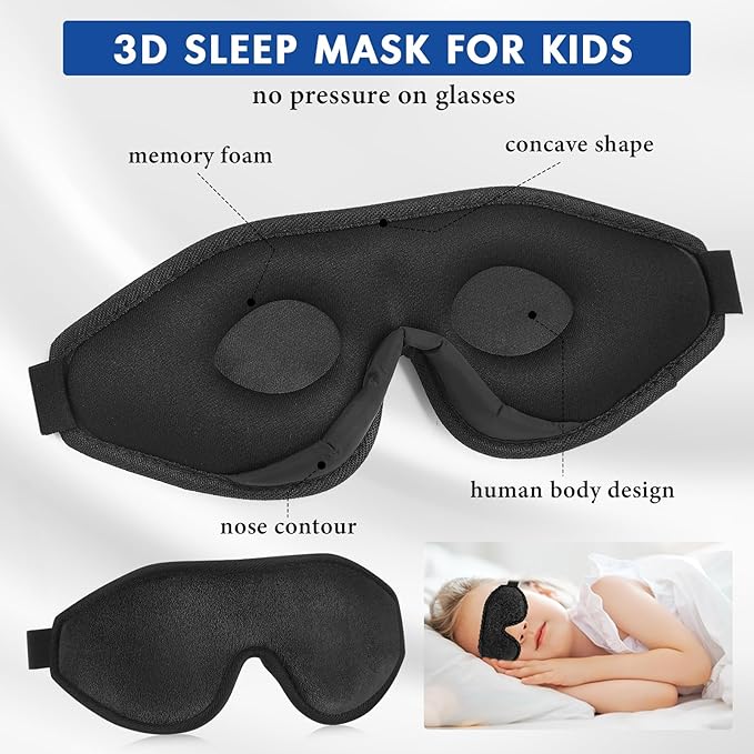 Coume Sleep Mask for Kids 3D Sleeping Blindfold Memory Foam Contoured Eye Mask with Blocking Light with Adjustable Strap(Black) - Bloomnest