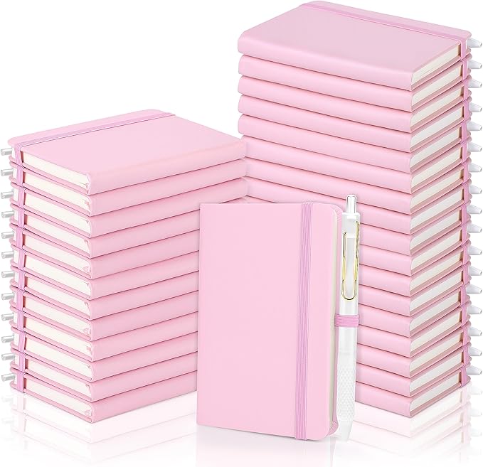 Aodaer 50 Sets Pocket Notebook Journal with Pens, 160 Pages, 3.5 x 5.5 Inch Mini Lined Journal Notebook A6 Leather Hardcover College Ruled Notepad with Pen Holder for School Office Gifts, Pink - Bloomnest